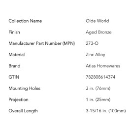 Atlas Homewares 273 Olde World 3" C-to-C Cabinet Pull Handle In Aged Bronze New!