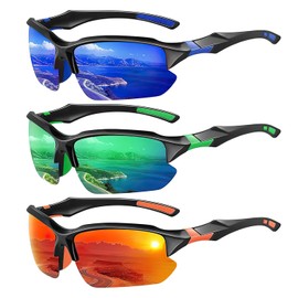 Gafas de Sol Deportivas Polarizadas Hombre y Mujer,Gafas Deportivas Ciclismo,Protección UV400/Par Rodilleras Deportivas (Azul oscuro + Verde + Naranja)