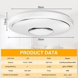 OGVDOE LED Ceiling Light Dimmable 48 W LED RGB Ceiling Light Diameter 30 cm Bathroom Lamp Bathroom Lamp with Bluetooth Speaker Remote Control and App Control for Children's Room Bedroom Living Room