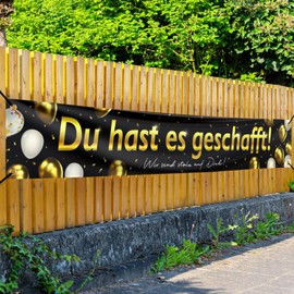 BETESSIN Graduation Decoration Black Gold - Du hast es geschafft Banner 250 x 40 cm - Passed Exam Gift - Graduation Decoration for Graduation, Bachelor and Master Graduations