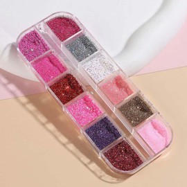 12 Grid Nail Glitter Powder Pink Sand Powder Holographic Shining Sugar Effect Glitter Candy Coat Nail Glitter Powder DIY Nail Art Decoration Crafts for Women Manicure Accessories