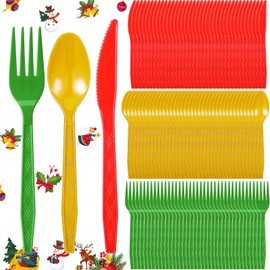 Gerrii Green Disposable Plastic Cutlery Set Plastic Utensils Plastic Silverware Set Includes Spoons, Forks, and Knives for Christmas Party Supplies