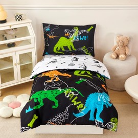 PERFEMET 4-Piece Boys Toddler Bedding Sets Cartoon Dinosaur Comforter Set for Girls Kids Soft Reversible Colorful Animal Bed Set for Toddler(Dinosaur, Toddler)