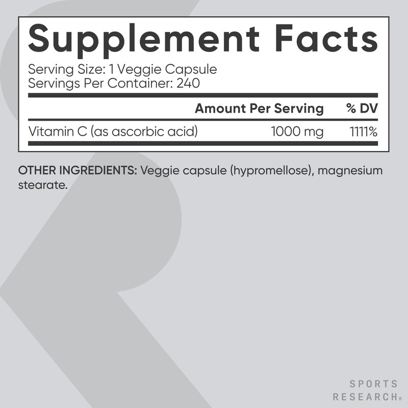 Sports Research High Potency Vitamin C Supplement - Vegan Veggie