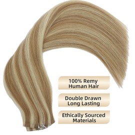 Eufficco Seamless Clip in Hair Extensions Remy Human Hair, 14 Inch 120G, Piano Color Dirty Blonde with Bleach Blonde Highlights, Invisible PU Clip In Hair Skin Weft Human Hair Extensions