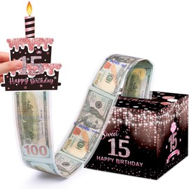 Meiidoshine Sweet 15th Birthday Money Box for Cash Gift, Surprise Pull Out Money Gift Box with 50Pcs Transparent Bags - Fun Ways to Give Cash as A 15th Birthday Gift for Girls