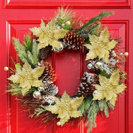 BESPORTBLE 10 Pieces Christmas Glitter Poinsettia, 9.8Inch Christmas Tree Glitter Xmas Flowers with Clips- Xmas Tree Ornaments Wreath Wedding Party Supplies