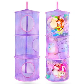 Basumee Stuffed Animals Net or Hammock 2Pcs Hanging Stuffed Animals Storage 3 Compartments Toy Net Hammock for Stuffed Animals Organizer Mesh Stuff Animals Hammock for Kids Girls Room