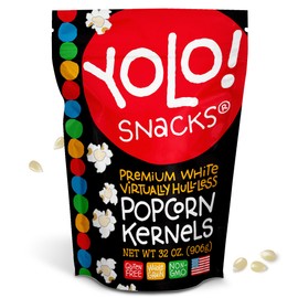 YOLO! Gourmet Virtually Hulless Popcorn Kernels, Premium White Butterfly Popping Corn, Non GMO, Gluten Free, Vegan, 32 Oz Resealable Bag (Pack of 1)