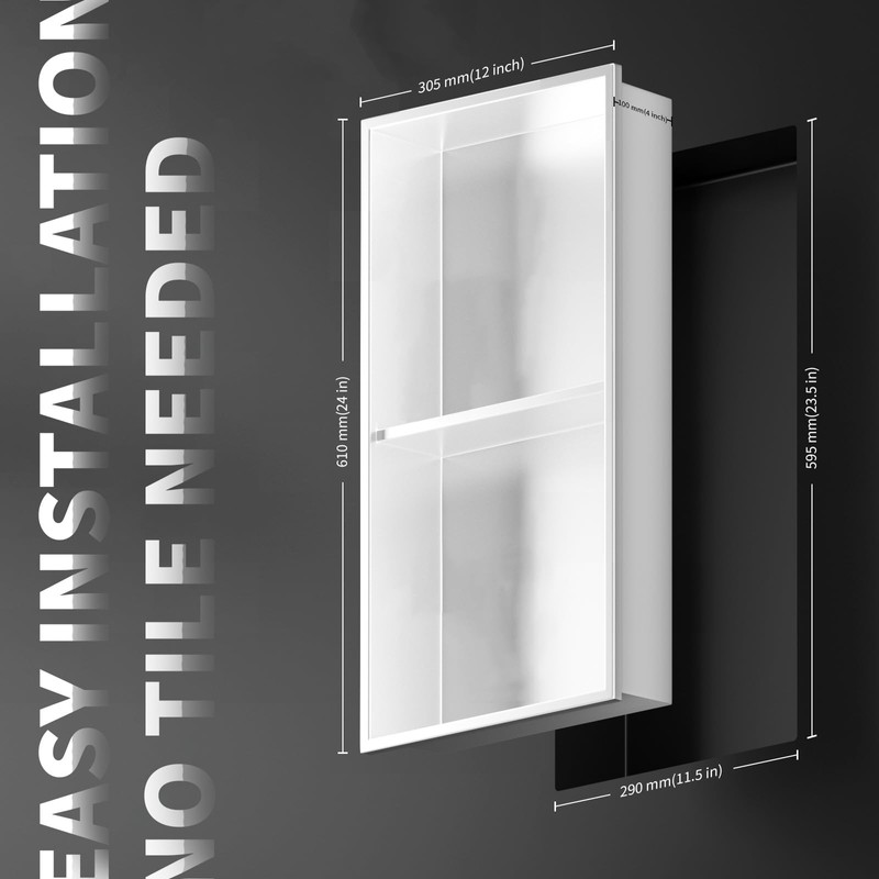 Homevacious 12"×24" Stainless Steel Shower Niche No Tile Needed White