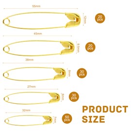 Aruicheng Safety Pins 5 Assorted Sizes Safety Pins for Clothes 150 Pack Safety Pin Heavy Duty Small and Large Safety Pins for Art Craft Sewing Jewelry Making Gold