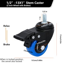 2" Stem Caster 1/2"-13 x 1 Threaded Stem Caster Wheels Set of 4 Heavy Duty Swivel Casters with Dual Locking Brakes 600 lbs No Noise Caster for Carts and Furniture