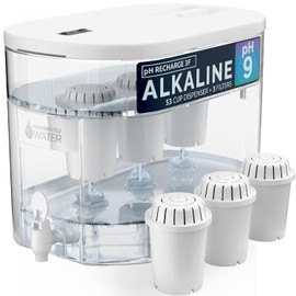 Invigorated Water - Alkaline Countertop Water Filter Dispenser, Large Cup Capacity, Mineralized Alkaline Water, BPA-Free, 96 Gallons/Filter (White, 3 Filters Included)