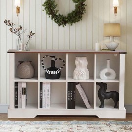 Puntogen 8 Cube Storage Organizer, Wood Cube Bookshelf with LED Lights, Horizontal Storage Cubes, Kids Bookshelf, Display Cabinet Cubby Shelf for Living Room Home Office Bedroom, White