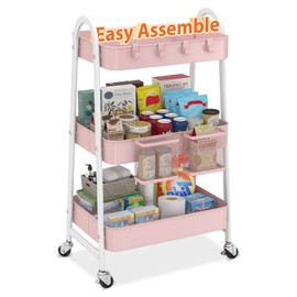 Sekey 3 Tier Rolling Cart Metal, Easy Install Utility Cart on Wheels, Hanging Cups & Hooks, Heavy Duty Storage Cart with Lockable Wheels for Baby Nursery, Bathroom, Kitchen, Laundry Room, Pink
