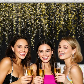 Black and Gold Backdrop 7 x 5 ft Golden Glitter Photography Background Polyester Fabric Banner Sparkle Sequin Bokeh Portrait Picture Props for Happy Birthday Disco Glow Graduation Party Decoration