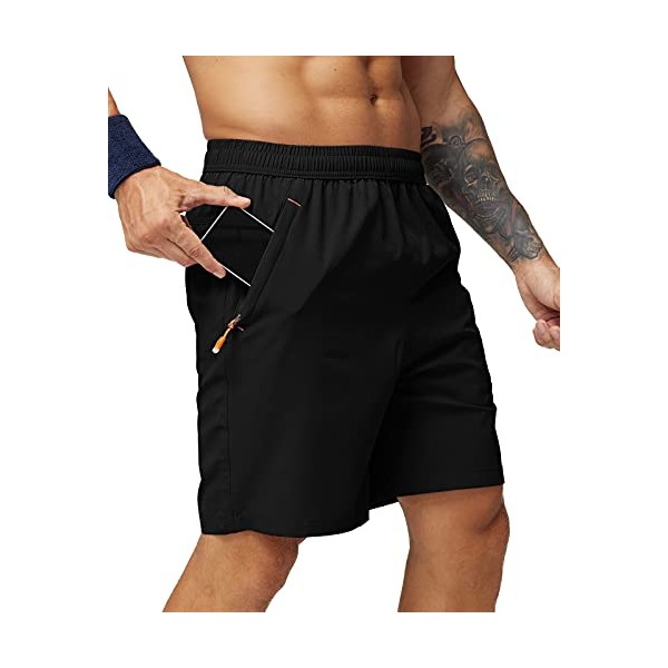 MIER Men's Quick Dry Running Shorts with Zipper Pocket, Elastic Waist Athletic Workout Exercise Fitness Shorts, 7 Inch, Black, Medium