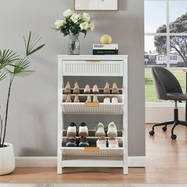 HUSHEDIFY 2 Flip Drawers Shoe Cabinet Storage for Entryway, Narrow Shoes Organizer Cabinet for Front Door Entrance, Free Standing Hidden Wooden Hallway Shoe Rack(White)