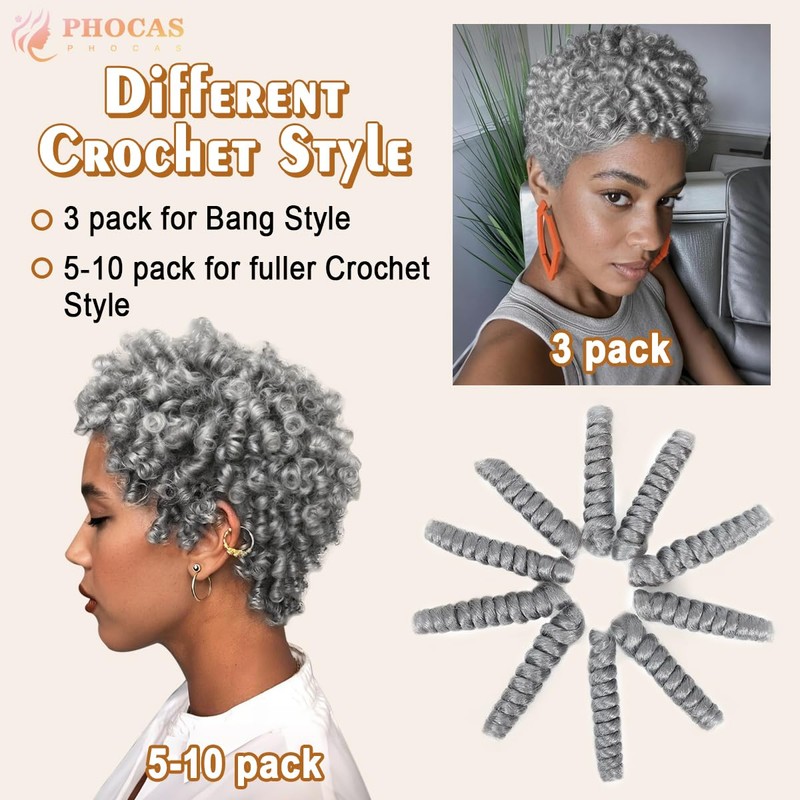 10" 3 Packs Curly Short Grey Crochet Hair for Black