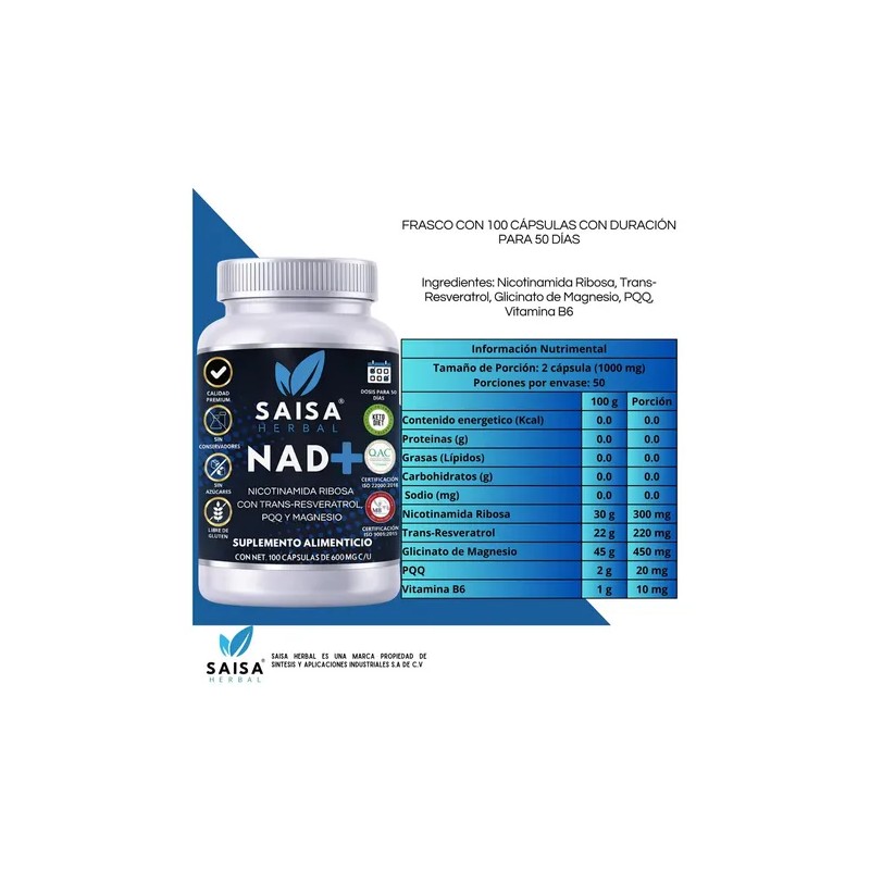 Nad Advanced Complex 100 Cápsulas Nicotinamida Ribósido Resveratrol Pqq Magnesio