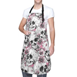 Fenmshairy Sugar Skull and Cherry Blossoms Waterproof Bib Apron with 2 Pockets, Adjustable Kitchen Chef Apron for Cooking BBQ