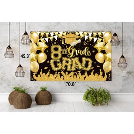 8th Grade Graduation Photo Backdrop Blue, 45.3’’ x 70.8’’ Eighth Grade Graduate Class of 2025 Photo Booth Props Background, Kids Classroom Banner 8th Graduation Party Decorations 2025 (Black Gold)