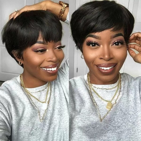 BECUS Short Human Hair Wigs for Black Women Human Hair Short Hair Wigs Pixie Cut Wigs for Women with Cap Net(Natural Black 1B#)