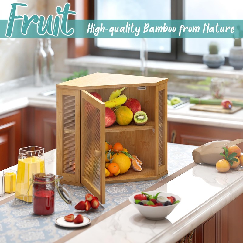 Vriccc Corner Bread Box, Bamboo Bread Box for Kitchen Countertop,