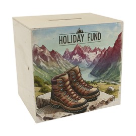 Holiday in the Mountains Holiday Fund Money Box Wooden with Saying Holiday Fund Hiking Holiday Couple Hiking Boots Stone Background Holiday Money Alps Mountains