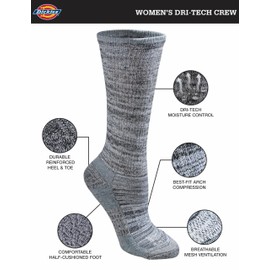 Dickies Women's Dri-Tech Fashion Moisture Control Crew Socks, Available in S-XL (5, 6, 12, Grey Marl Bright (6 Pairs), Large
