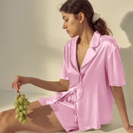 CHYRII Women's Silk Satin Pajamas Sets Tie Front Short Sleeve Tops and Shorts Two Piece Pj Sets Sleepwear Babay Pink S