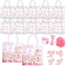 Sweetude 24 Pcs Clear Axolotl Gifts Goodie Bag PVC Axolotl Party Favors Treat Candy Bags with Tags Raffia Pink Bow Rope for Gifts Wrapping with Handle for Women Birthday Party Decoration Supplies