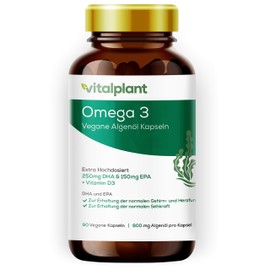 Vitalplant® Omega 3 Vegan | 250mg DHA + 150mg EPA per Capsule | 90 Capsules High Dose Omega 3 Fatty Acids from Algae Oil | + Vitamin D3 | Vegetable Alternative to Fish Oil Capsules