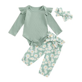 Geagodelia Newborn Baby Girl Spring Fall Outfit Clothes Long Sleeve Ribbed Romper Top Daisy Floral Trouser Headband Set (Green, 3-6 Months)
