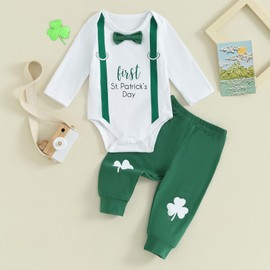 Toddler Baby Boys St. Patrick's Day Outfits Long Sleeve Suspender Print Romper Bodysuit Long Pants Set 2Pcs Infant Clothes (White, 6-12 Months)