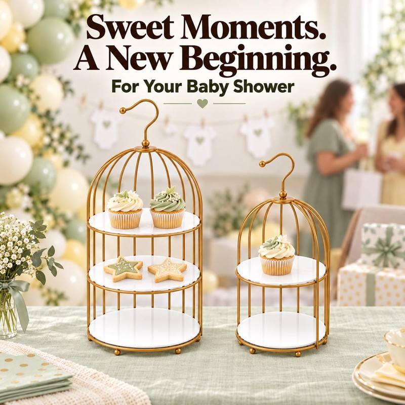 Gold Bird Cage Cupcake Stand Set, 2-Piece 3-Tier and 2-Tier