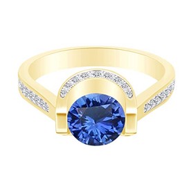 AFFY 14k Yellow Gold Over Sterling Silver Round Cut Cubic Zirconia & Simulated Blue Sapphire Engagement Ring Size 7