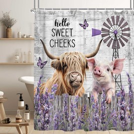 JAWO Farmhouse Shower Curtain, Farmhouse Rustic Floral Funny Highland Cow Shower Curtains for Bathroom, Cute Pig Country Farm Animal Bathroom Decor, with Hooks, Surreal Bathroom Curtain, 70X70IN