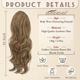 BARSDAR Drawstring Ponytail - 16 Inch Short Wavy Drawstring Ponytail Hair Extensions for Women - Synthetic Drawstring Clip in Ponytail Hair Extensions Fake Pony Tail Hairpieces - Ash Brown Mixed
