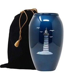 Blue Lighthouse Mother of Pearl Inlaid Metal Cremation Urn with Velvet Bag