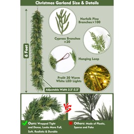 6 Ft Real Touch Norfolk Pine Garland, Prelit Christmas Garland with Lights Timer, Cedar Garland Artificial Realistic Soft and Thickness Greenery Cypress Garlands for Mantle Table Stairs Indoor Outdoor