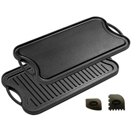 Cast Iron Griddle ( 20" by 10" ), Reversible, Pre-Seasoned, Grill and Griddle Combo Pan, BBQ, Campfire, fits over two stovetop burners