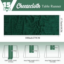 15 Pack Emerald Green Table Runner 17 x 108inch Cheesecloth Table Runner Boho Gauze Table Runners Rustic Sheer Fabric Cheese Cloth Table Runners for Wedding Party Bridal Shower Farmhouse Thanksgiving