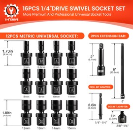 BLACKROBOT 1/4" Drive Universal Impact Socket Set, 16-Pieces Swivel Socket Set, Metric(5-15mm) Flexible Wobble Socket Set, 2", 6" Extension Bars, Socket Adapter, 6 Point, CR-MO