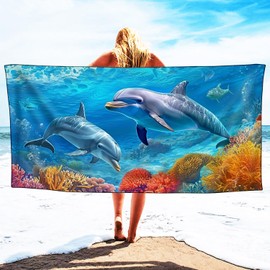 YISUMEI Underwater Dolphins Beach Towels for Adults Extra Large 180 x 90 cm, Microfibre Quick Dry Towel for Travel Swimming Camping Sports
