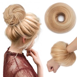 tesshair Messy Bun Hair Piece 100% Real Human Bun Hair Piece Natural Scrunchie Donut with Elastic Band Light Brown mix Blonde Hairpieces for Women Girls(Light Brown mix Blonde, 25g)