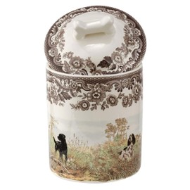 Spode Woodland Dog Treat Jar 7" | Dog Treat Container with Ceramic Lid | Assorted Hunting Dogs Design with Bone-shaped Handle | Made from Stoneware