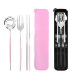 JEPELUS 2 Pcs Chopsticks Fork Spoon Sets with Case, Safe Stainless Steel Pink Black Silverware Set Picnic Camping School Lunch, Portable Reusable Travel Cutlery Flatware Utensils Set Dishwasher Safe