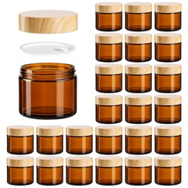 24 Pack 2 oz Amber Glass cosmetic Jars with Woodgrain Lids for Lotion