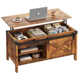 WLIVE Lift Top Coffee Table, 39.4" Farmhouse Coffee Table with Large Hidden Storage Compartment, Sliding Barn Doors, Modern Wood Center Table for Living Room, Office, Rustic Brown